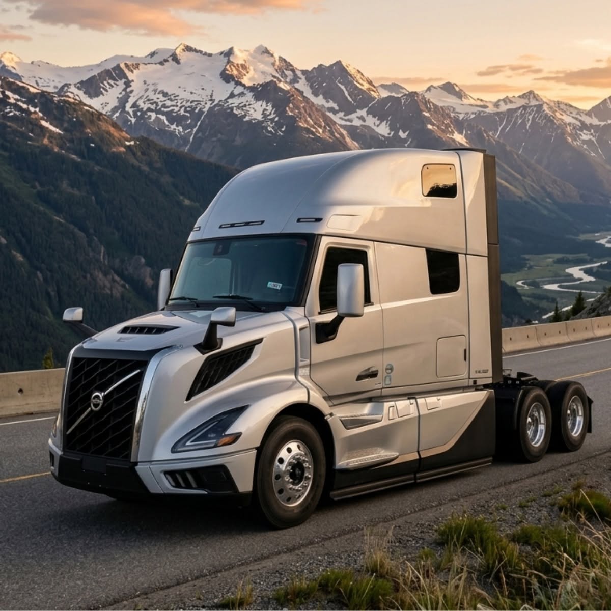 Late-model sleeper truck parked on a mountain pass at sunset